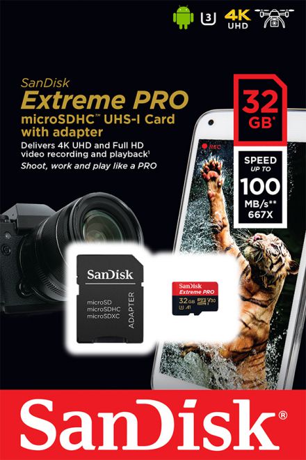 SanDisk 32GB Micro SD Extreme PRO UHS-I SDXC 32GB 100MB/s V30 + Adapter |  Πρόδρομος Γαλαίος - Φωτογραφικά Είδη